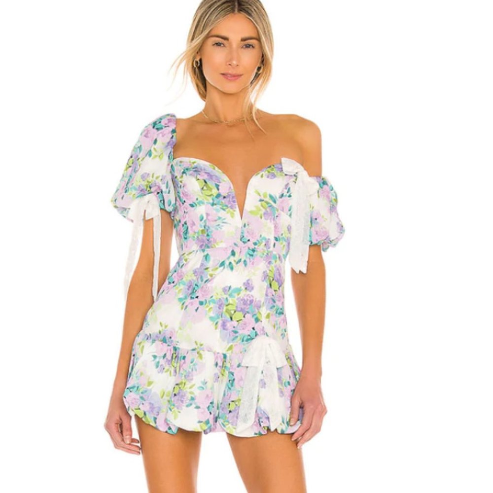 Asymmetric Puff Sleeve Ruffle Floral Printed Mini Dress